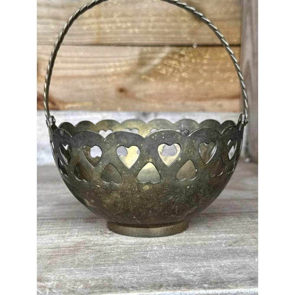 Vintage Brass Bowl with Heart Cutouts 3